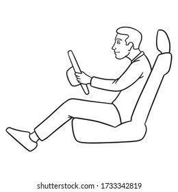 ilustración monocromática vectorial de un conductor de coche desde el lateral con el volante en la mano. independiente, aislado, de fondo blanco.