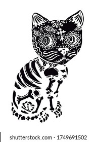 Monochrome vector illustration of cat in Mexican cultural style.