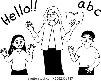 Monochrome vector illustration of a children's English conversation class