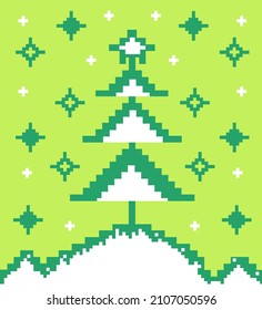 Monochrome vector illustration: a Christmas tree in snowdrifts and falling snowflakes. Pixel Art for printing design