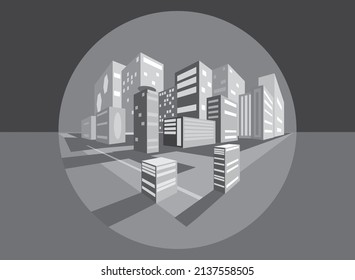 Monochrome Vector Illustration Of A City In The Night, Skyscrapers Under The Dome, Film Noir Style