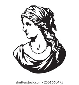 Monochrome vector illustration of a classical female bust in ancient Roman or Greek art style, featuring intricate details and traditional attire.