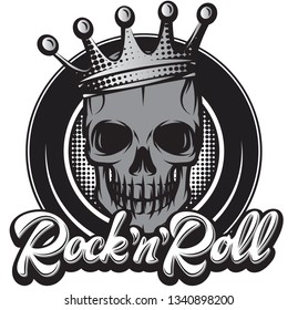 Monochrome vector illustration with crown and skull.