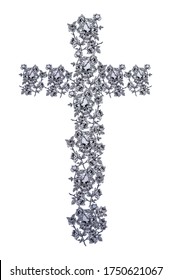 Monochrome vector illustration of crucifix made with skulls and flowers.