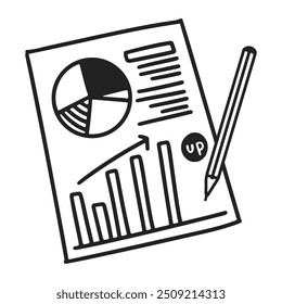 Ilustración vectorial monocromática que representa los Elementos de un informe comercial. Las características incluyen un gráfico circular, representación de datos textuales, gráficos de barras que indican tendencias de crecimiento y un lápiz.