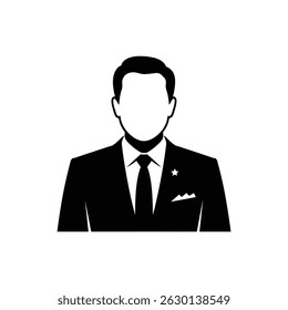 Ilustração de vetor monocromático representando um homem sem rosto vestindo um terno, gravata e um distintivo de estrela. A figura também possui um bolso quadrado e cabelo bem penteado.