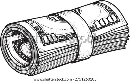 Monochrome vector illustration depicting a substantial roll of hundred dollar bills, tightly bound, symbolizing financial prosperity, accumulated wealth, and economic success