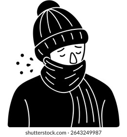 Uma ilustração de vetor monocromático retrata uma pessoa que está passando por um resfriado e espirros. A figura é revestida com roupas de inverno, incluindo um cachecol, chapéu e roupas quentes, todas renderizadas em um simples.