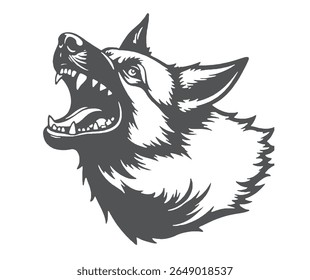 A monochrome vector illustration depicts a wolf's head, its mouth wide open in an aggressive display, set against a white background.