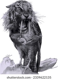 Monochrome vector illustration of a fantasy creature, a griffon with the head of a saber-toothed tiger, standing on a rock
