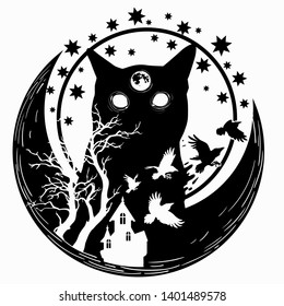 Monochrome Vector Illustration. Fantasy picture with birds and a night cat