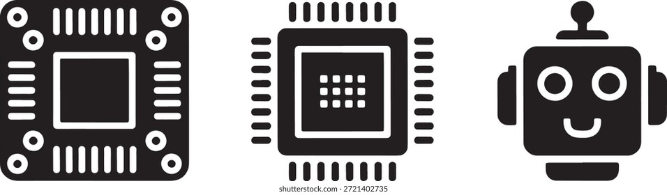 Una Ilustración vectorial monocromática presenta tres íconos estilizados: dos que representan chips de computadora con intrincados patrones de circuitos y un robot simplificado con una cara amigable y sonriente, perfecto