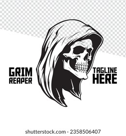 Monochrome Vector Illustration Featuring the Grim Reaper: Death, Skull, Skeleton, Face, Hand-Drawn Design for Logo, Label, Emblem, Sign, Brand Mark, Poster, T-Shirt Print.
