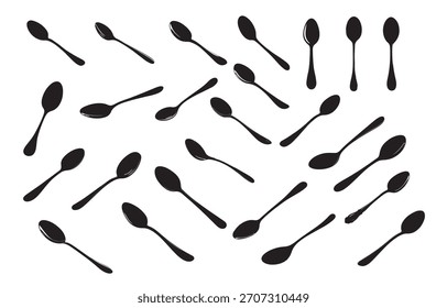 Ilustración vectorial monocromática con una disposición dispersa de cucharas negras sobre blanco