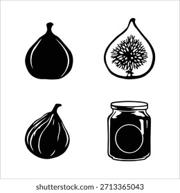 Monochrome Vektorgrafik von Feigen und Feigenkonfitüre in minimalistischen Silhouetten mit ganzer Frucht, Querschnitt, strukturiertem Detail und Konserven Glas zur Darstellung botanischer Identität, kulinarisch
