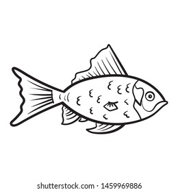 monochrome vector illustration of a fish.  scribble, outline, comic, ink, sketch, doodle, vector, illustration, line, cartoon, black, white, drawing, stroke, monochrome.