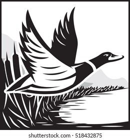 Monochrome vector illustration with flying wild duck over the water