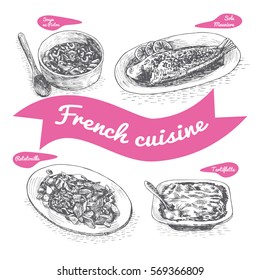 Monochrome vector illustration of French cuisine and cooking traditions