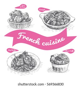 Monochrome vector illustration of French cuisine and cooking traditions