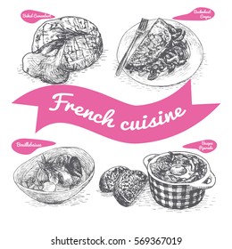 Monochrome vector illustration of French cuisine and cooking traditions