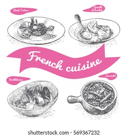 Monochrome vector illustration of French cuisine and cooking traditions