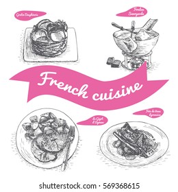 Monochrome vector illustration of French cuisine and cooking traditions