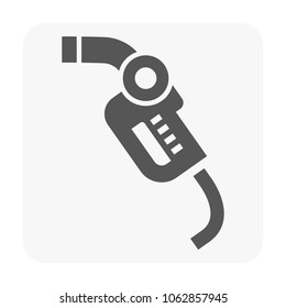 Monochrome vector illustration of fuel pump nozzle, symbolizing refueling, energy supply, transportation, low energy alert and oil and gas industry, ideal for UI buttons, dashboards and elements.