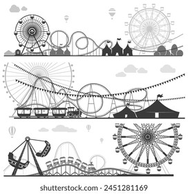 Una Ilustración vectorial monocromática de un parque temático con montañas rusas, noria y globos aerostáticos, sobre un fondo de nubes.