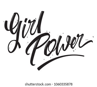 Monochrome vector illustration of Girl Power words handwritten with ink lettering isolated on white.