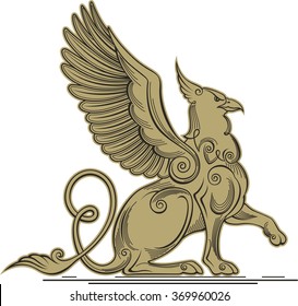 Monochrome vector illustration of a griffin - a mythical creature with head, claws and wings of an eagle and lion's body.