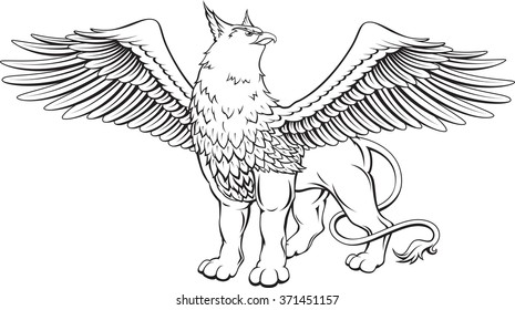 Monochrome vector illustration of a griffin with spread wings - a mythical creature with the head, claws and wings of an eagle and a lion's body.