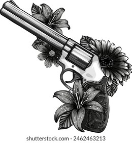 monochrome vector illustration of guns on the flower and ornaments floral with tattoo drawing style