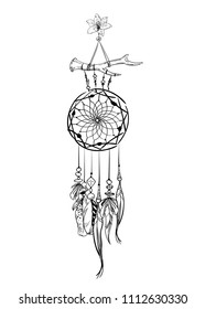 Monochrome vector illustration with hand drawn dream catcher. Ornate ethnic items, feathers, beads and flowers