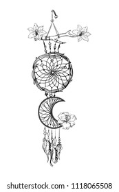 Monochrome vector illustration with hand drawn dream catcher. Ornate ethnic items, feathers, beads and flowers