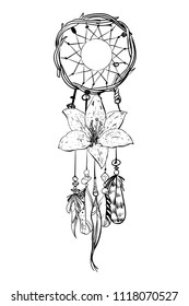 Monochrome vector illustration with hand drawn dream catcher. Ornate ethnic items, feathers, beads and flower