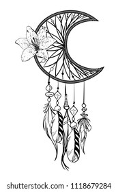Monochrome vector illustration with hand drawn dream catcher. Ornate ethnic items, feathers, beads and flower svg