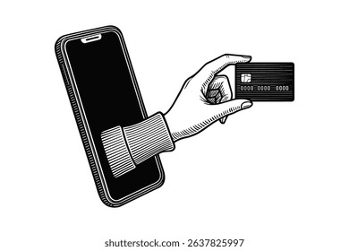 Monochrome Vector Illustration of Hand Holding Credit Card Emerging from Phone