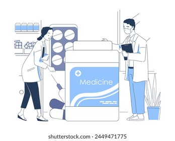 Monochrome vector illustration of healthcare professionals with male and female characters standing near large medicine pill package in pharmacy setting. Modern line art style flat vector illustration