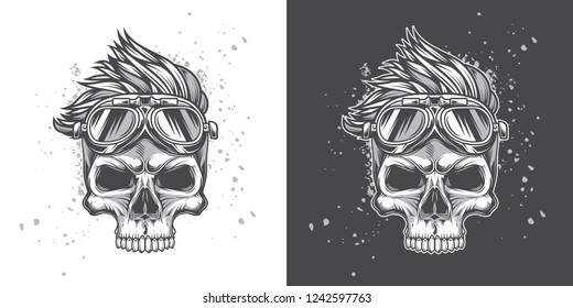 Monochrome vector illustration. Hipster skull with motorcycle glasses and fashionable hairstyle. Vector illustration on dark and white background.