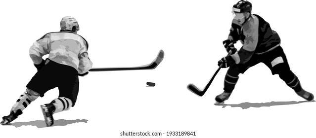 Ilustración monocromática vectorial de jugadores de hockey sobre hielo aislados en el fondo. Un juego enérgico de dos atletas de diferentes equipos. Vector, eps10.