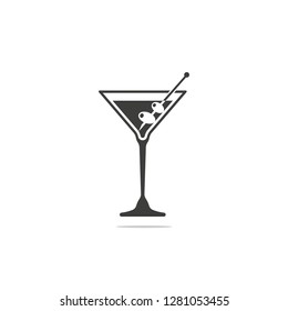 Monochrome Vector Illustration Of Icon Martini With Olive Isolated On White Background.