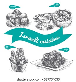 Dibujo vectorial monocromo de la cocina israelí y las tradiciones culinarias