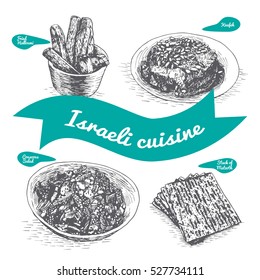 Monochrome vector illustration of israeli cuisine and cooking traditions