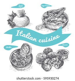 Monochrome vector illustration of Italian cuisine and cooking traditions.