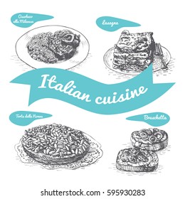 Monochrome vector illustration of Italian cuisine and cooking traditions.