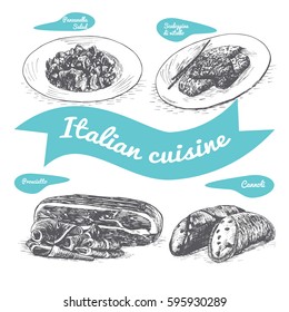 Monochrome vector illustration of Italian cuisine and cooking traditions.