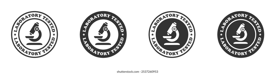 Ilustração vetorial monocromática de ícones de emblema testados em laboratório com um símbolo de microscópio, ideal para rótulos científicos.