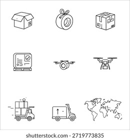 Monochrome Vector Illustration of Logistics and Delivery Icons Depicted in Minimalist Line Art Featuring Cardboard Boxes, Tape Roll, Computer Monitor, Drones, Delivery Trucks, and World Map with Location Markers to Represent Packaging, Technology, Transportation, and Global Reach in Modern Supply Chain
