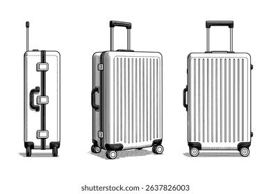 Monochrome Vector Illustration of Luggage Set with Telescopic Handle and Wheels