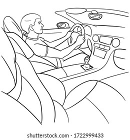 Monochrome vector illustration man sitting   driving in the car  convertible  side view  interior view  cartoon  vector illustration 